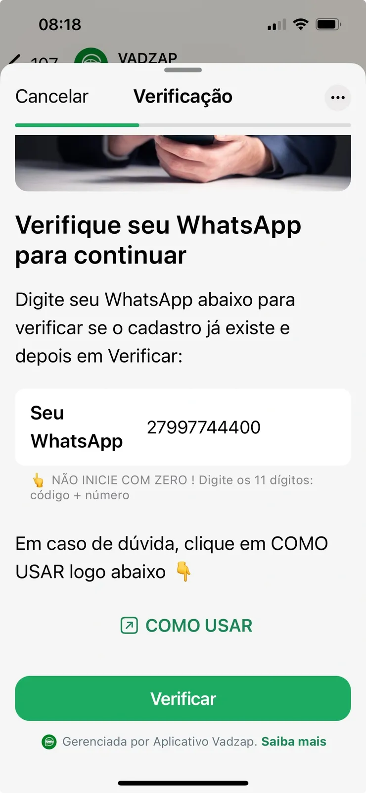 Tela de verificação do WhatsApp no Vadzap