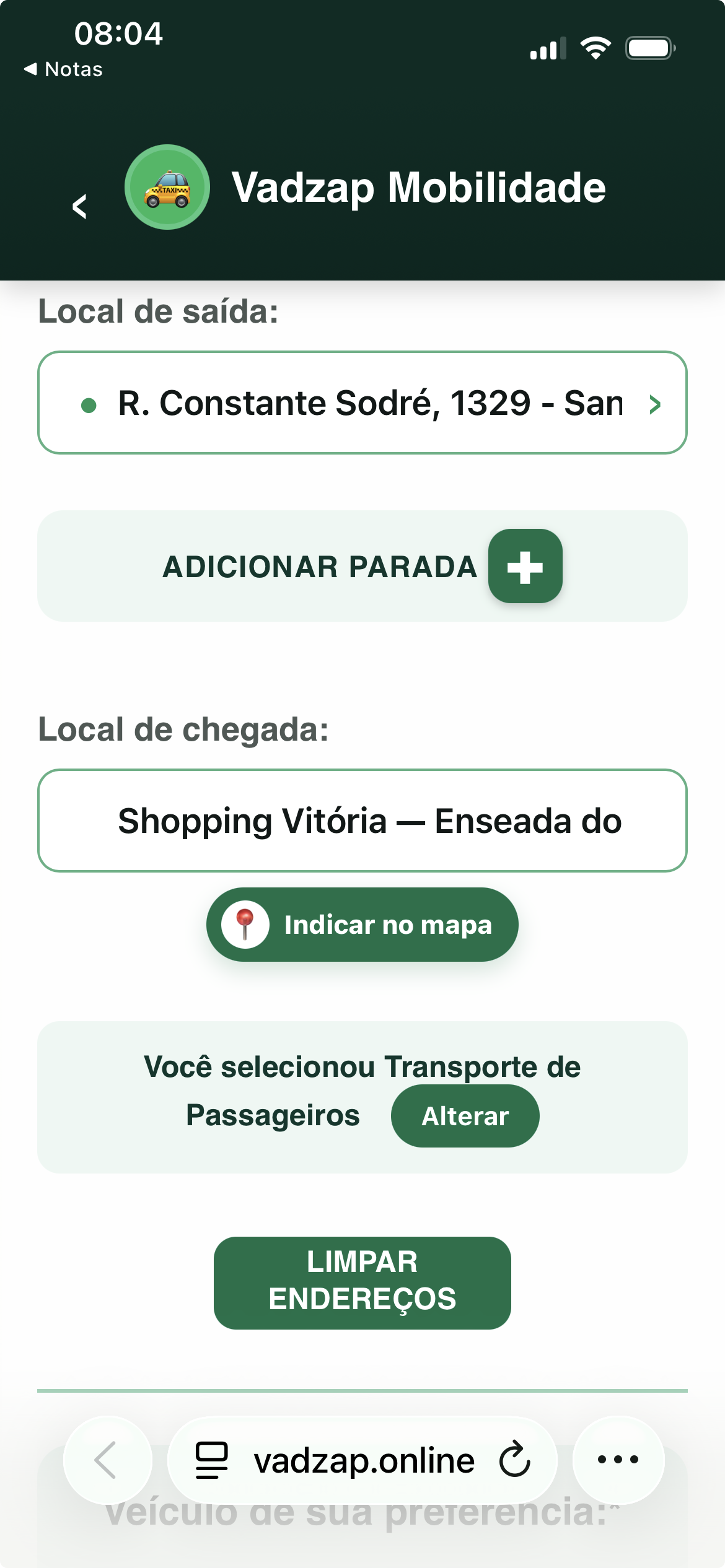 Formulário de solicitação de corrida Vadzap Mobilidade