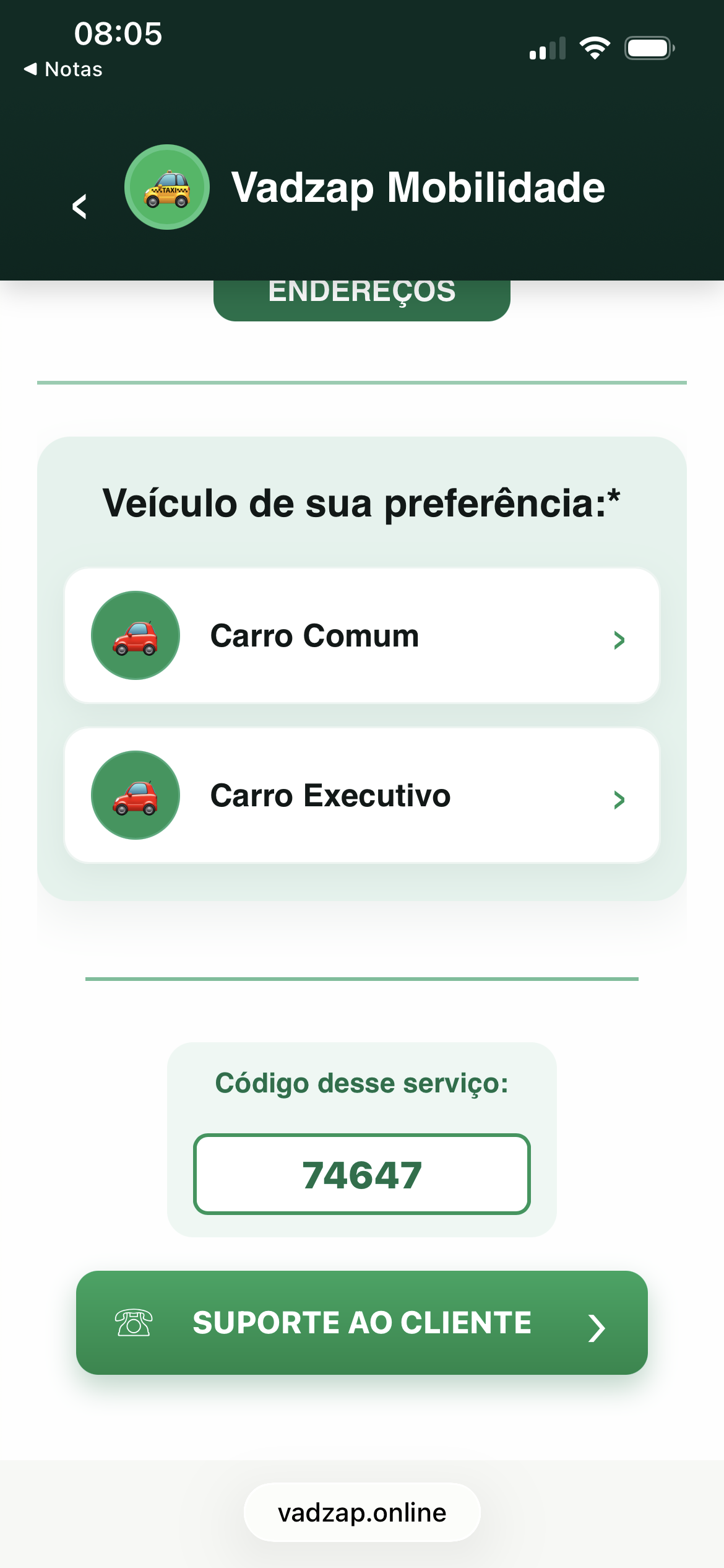 Seleção de veículo e código do serviço Vadzap